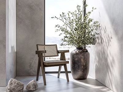 Modern Minimalist Lounge Chair In Indoor Corner With Rattan Backrest Olive Plant And Natural Light 3d model