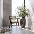 Modern Minimalist Lounge Chair In Indoor Corner With Rattan Backrest Olive Plant And Natural Light