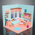 Cozy Kids Room Interior With Light Blue Walls Window Blinds Desk Chair Shelves and Decorations