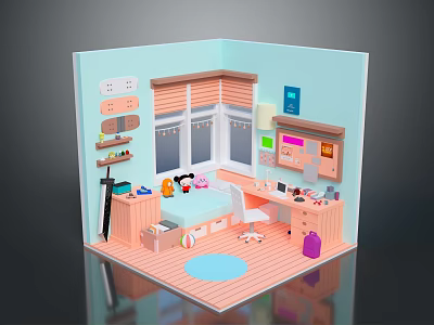Cozy Kids Room Interior With Light Blue Walls Window Blinds Desk Chair Shelves and Decorations 3d model