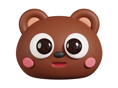 Cute Brown Bear Head Cartoon Character With Big Eyes Pink Cheeks And Smiling Mouth 3d model