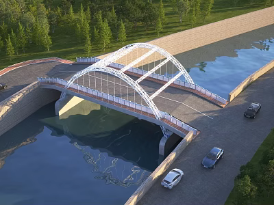 Modern White Arch Bridge Over Water Canal With Road Cars And Green Trees 3d model