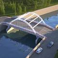Modern White Arch Bridge Over Water Canal With Road Cars And Green Trees