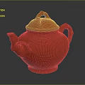 Classic Red Teapot With Exquisite Carved Patterns And Unique Handle Design Elements 3d model