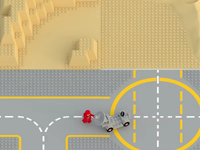 Building Blocks Constructed Road Scene With Yellow Lane Lines And Toy Car At Intersection 3d model