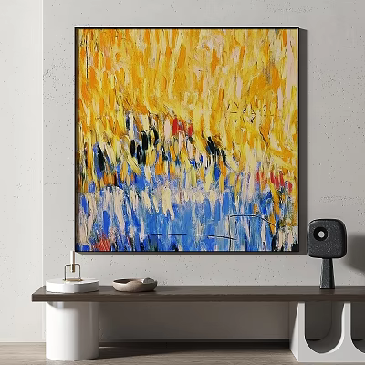 Vibrant Abstract Painting With Yellow Blue Brushstrokes In Modern Interior Decor 3d model
