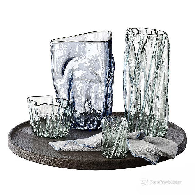 Glass Decorative Ornament Set With Various Shapes On Wooden Tray For Home Decor 3d model 