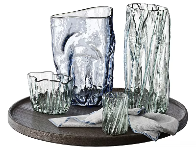 Glass Decorative Ornament Set With Various Shapes On Wooden Tray For Home Decor 3d model