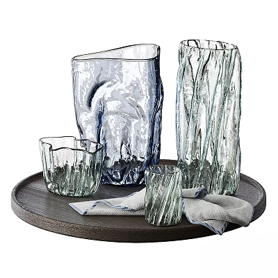 Glass Decorative Ornament Set With Various Shapes On Wooden Tray For Home Decor 3d model