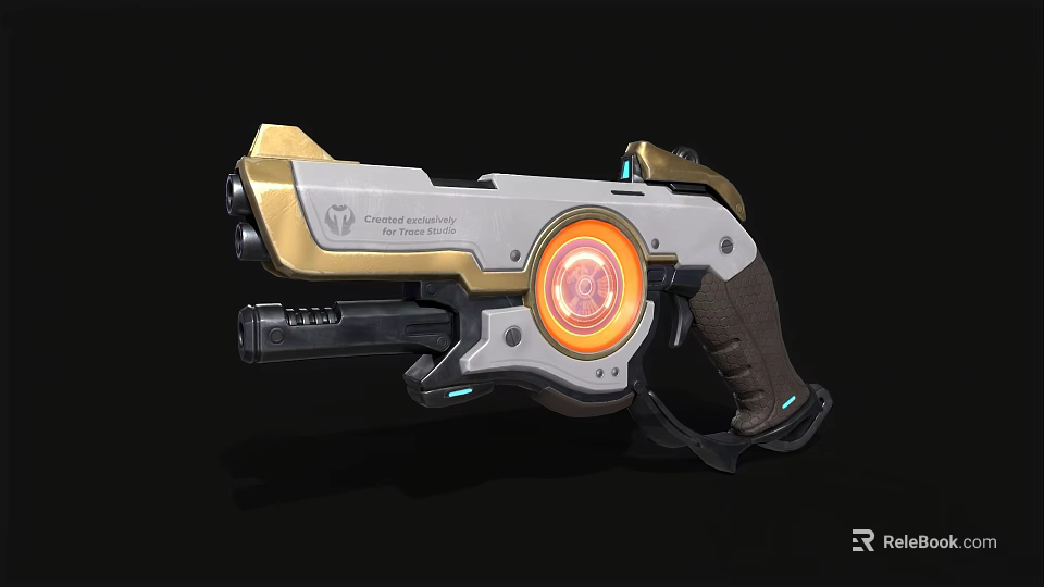 Futuristic Chronos Armaments Weapon With Gold Silver Finish And Red Glowing Core 3d model 