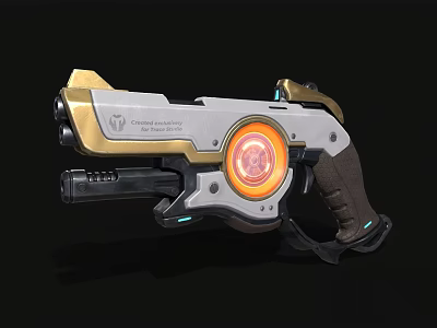 Futuristic Chronos Armaments Weapon With Gold Silver Finish And Red Glowing Core 3d model