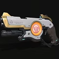 Futuristic Chronos Armaments Weapon With Gold Silver Finish And Red Glowing Core