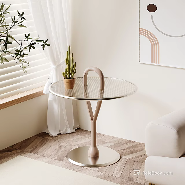 Modern Minimalist Side Table With Glass Top And Pink Stand Near Window With Cactus Plant 3d model 