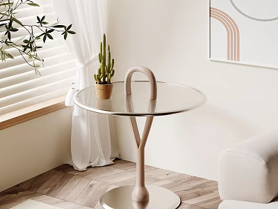 Modern Minimalist Side Table With Glass Top And Pink Stand Near Window With Cactus Plant 3d model