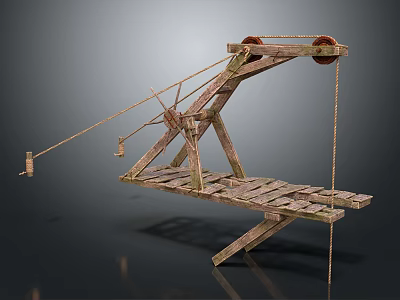 Vintage Industrial Equipment With Wooden Structure Pulley System And Lifting Platform 3d model