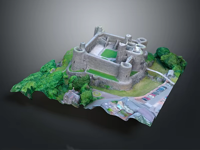 Detailed Castle Architecture Model With Green Trees Grass Road And Parked Cars 3d model
