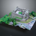 Detailed Castle Architecture Model With Green Trees Grass Road And Parked Cars