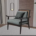Elegant Lounge Chair with Soft Cushion Woven Back Wooden Armrest Green Plant on Striped Rug