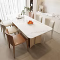Modern Dining Table Set With White Marble Top Beige Brown Leather Chairs In Modern Kitchen Interior