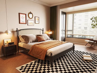 Cozy Bedroom Interior With Bed Nightstand Lamp Paintings Mirror Curtains And Rug 3d model
