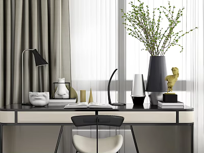 Modern Desk With Black Table Lamp Green Plant Vase Decorative Books And White Chair 3d model