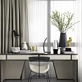 Modern Desk With Black Table Lamp Green Plant Vase Decorative Books And White Chair