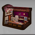 Miniature Kitchen Interior With Pink Walls Wooden Elements Refrigerator And Shelves