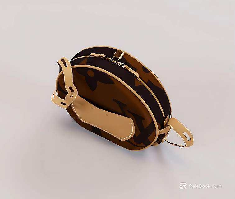 Oval Shaped Brown And Beige Bag With Double Zip And Adjustable Strap 3d model