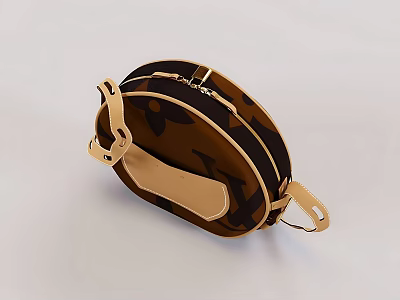 Oval Shaped Brown And Beige Bag With Double Zip And Adjustable Strap 3d model