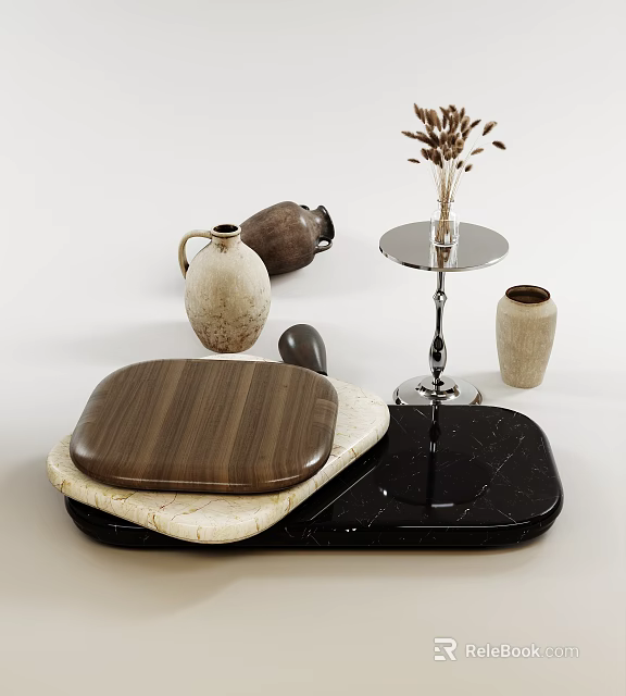 Modern Coffee Table with Layered Wooden and Marble Tops and Decorative Vases 3d model 