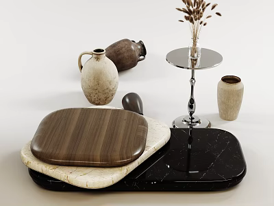 Modern Coffee Table with Layered Wooden and Marble Tops and Decorative Vases 3d model