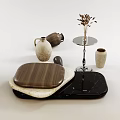Modern Coffee Table with Layered Wooden and Marble Tops and Decorative Vases
