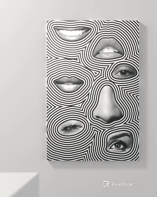 Abstract Black White Striped Artwork Featuring Eyes Lips Nose And Optical Illusion 3d model 