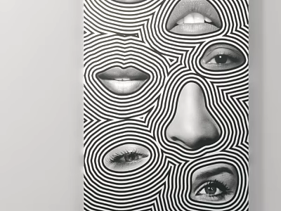 Abstract Black White Striped Artwork Featuring Eyes Lips Nose And Optical Illusion 3d model