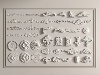 Display of Various Decorative Carvings with Ornate Patterns and Classic Ornamental Designs 3d model