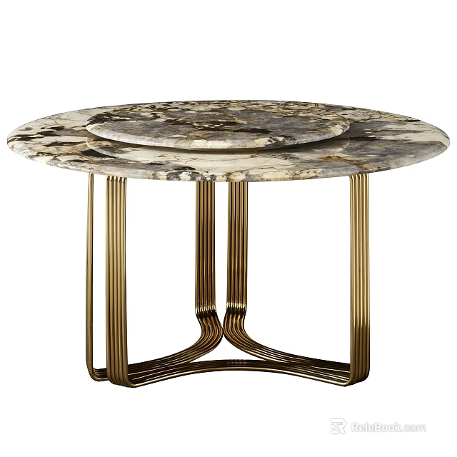 Elegant Round Dining Table With Marble Top And Curved Gold Metal Legs 3d model 