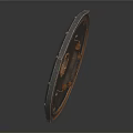 Ancient Decorative Shield with Intricate Dragon Patterns Red Gold Accents Brass Rivets Wooden Surface