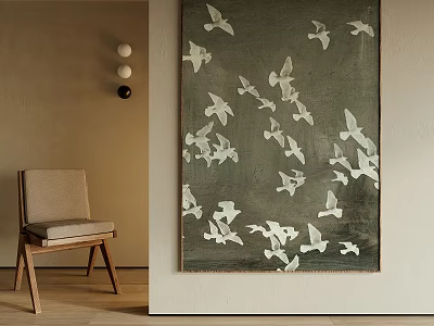 Modern Minimalist Bird Painting With White Birds On Dark Background Hanging Indoors 3d model