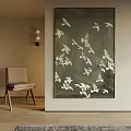 Modern Minimalist Bird Painting With White Birds On Dark Background Hanging Indoors