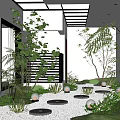 Modern Courtyard Garden With Lush Green Plants Circular Stone Stepping Stones And Ground Lanterns