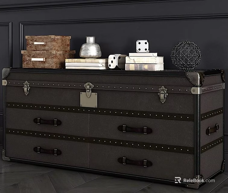 Vintage Black Trunk With Metal Rivets Drawers And Decorative Items On Top 3d model 