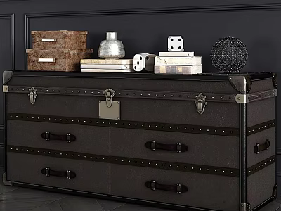 Vintage Black Trunk With Metal Rivets Drawers And Decorative Items On Top 3d model