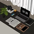 Organized Work Desk Setup With Laptop Coffee Camera Notebook And Green Plant 3d model