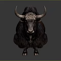 Dark Brown Yak With Long Horns And Thick Fur Standing On Dark Background