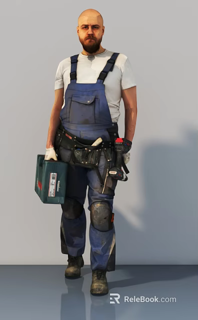 Woman in Blue Work Overalls Holding Green Toolbox With Tool Belt and Tools 3d model 