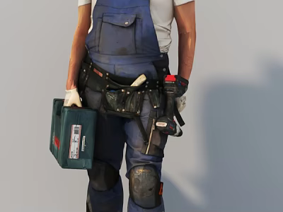 Woman in Blue Work Overalls Holding Green Toolbox With Tool Belt and Tools 3d model