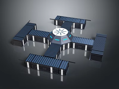 Container Modular Building Design Featuring Circular Central Hub And Blue Container Modules 3d model