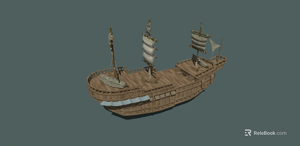 Detailed Wooden Sailing Ship Model With Multiple Sails And Deck Structure 3d model 
