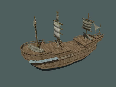 Detailed Wooden Sailing Ship Model With Multiple Sails And Deck Structure 3d model