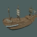 Detailed Wooden Sailing Ship Model With Multiple Sails And Deck Structure